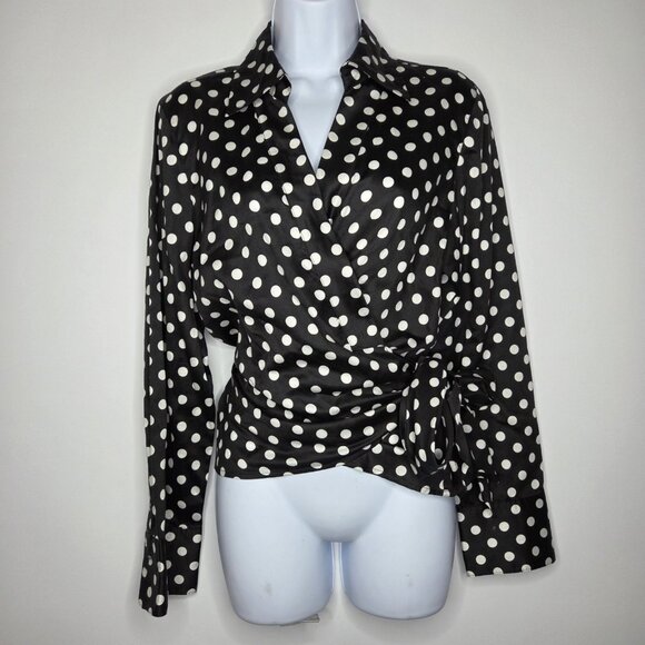 Talbots Womens Black White Polka Dot Wrap Blouse Size 12 Collar Classic Preppy - Picture 1 of 9